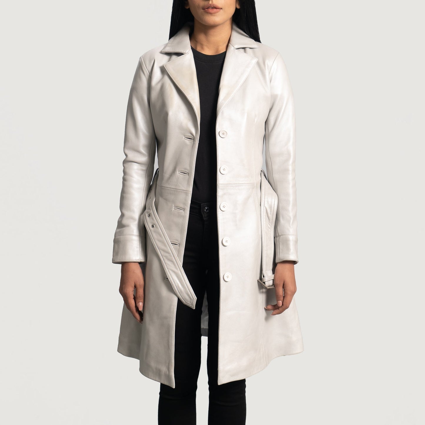 Moonlight Silver Leather Trench Coat SH578