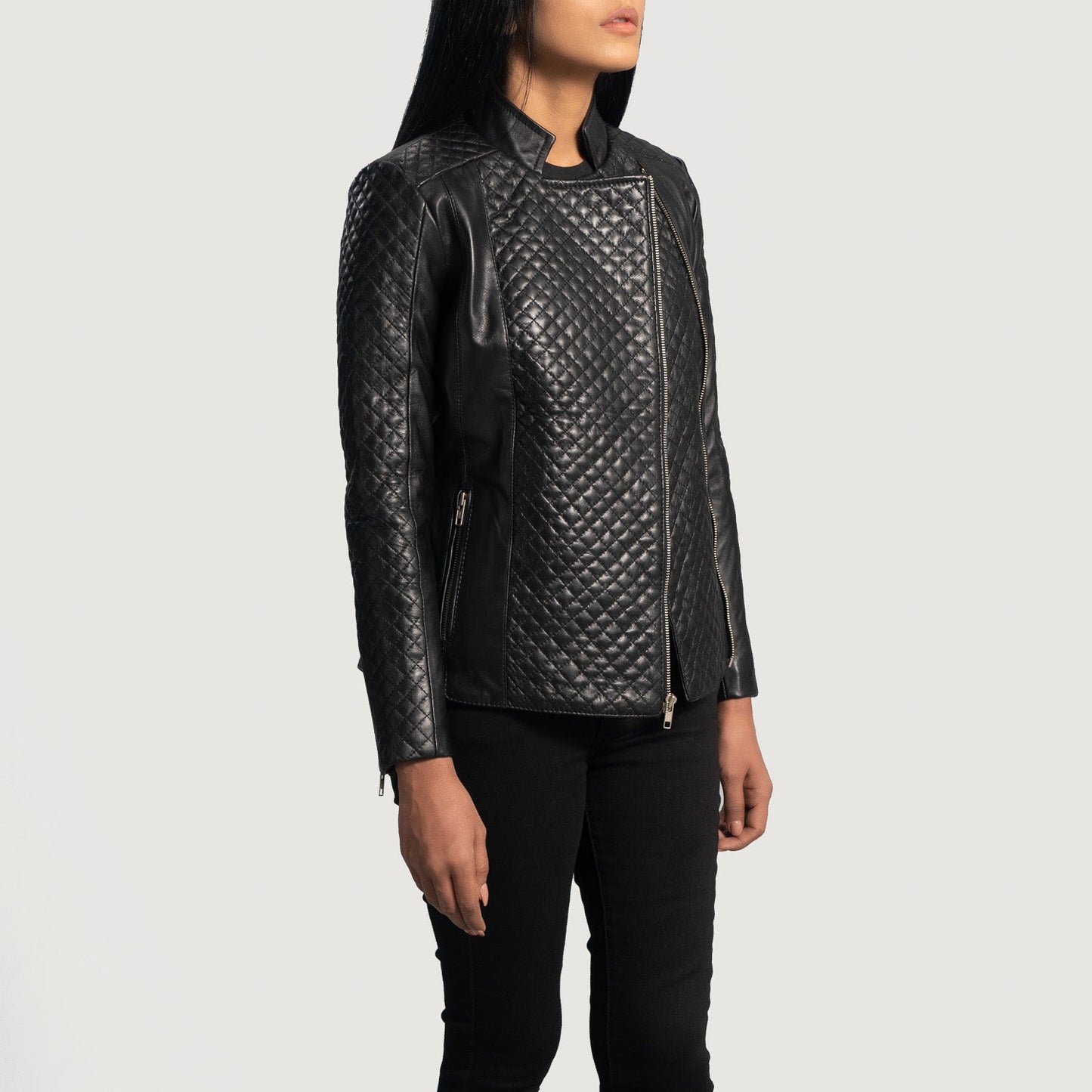 Orient Grain Quilted Black Leather Biker Jacket SH572