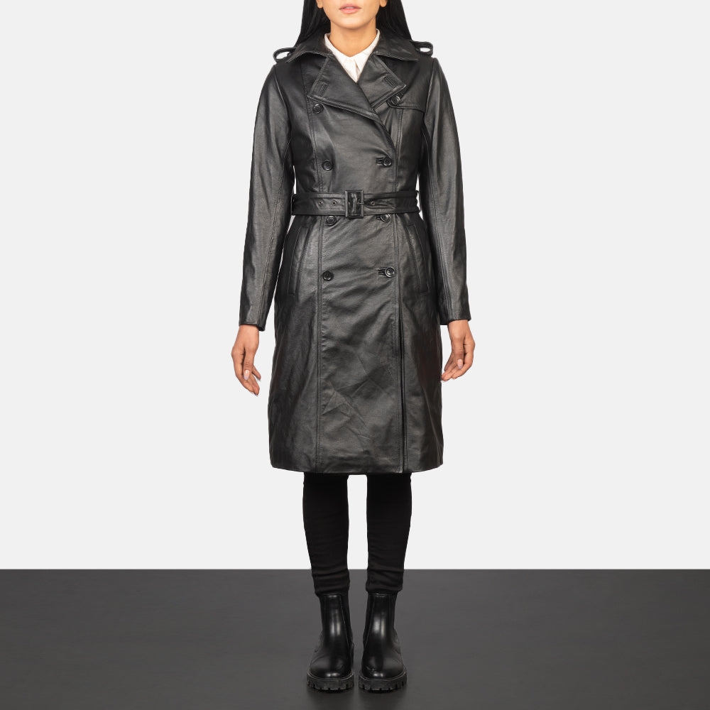 Alice Black Double Breasted Leather Coat SH646