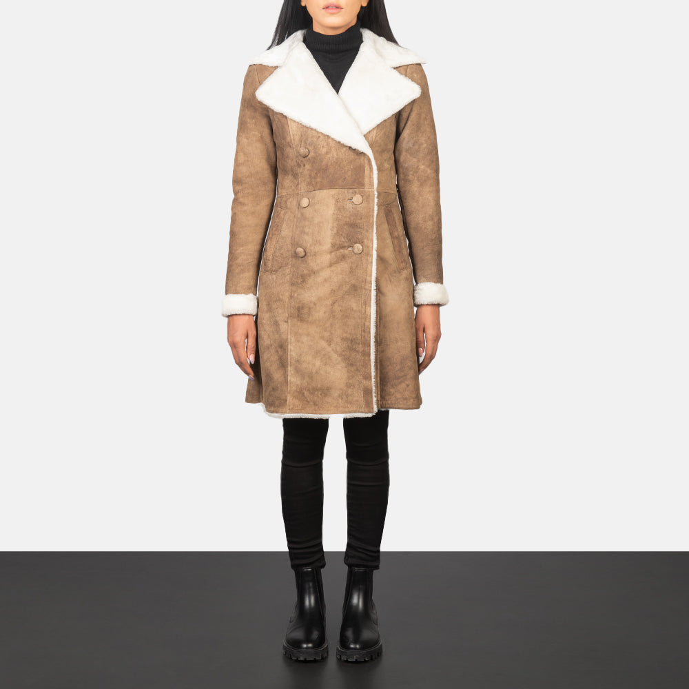 Amie Distressed Brown Double Breasted Shearling Coat SH636