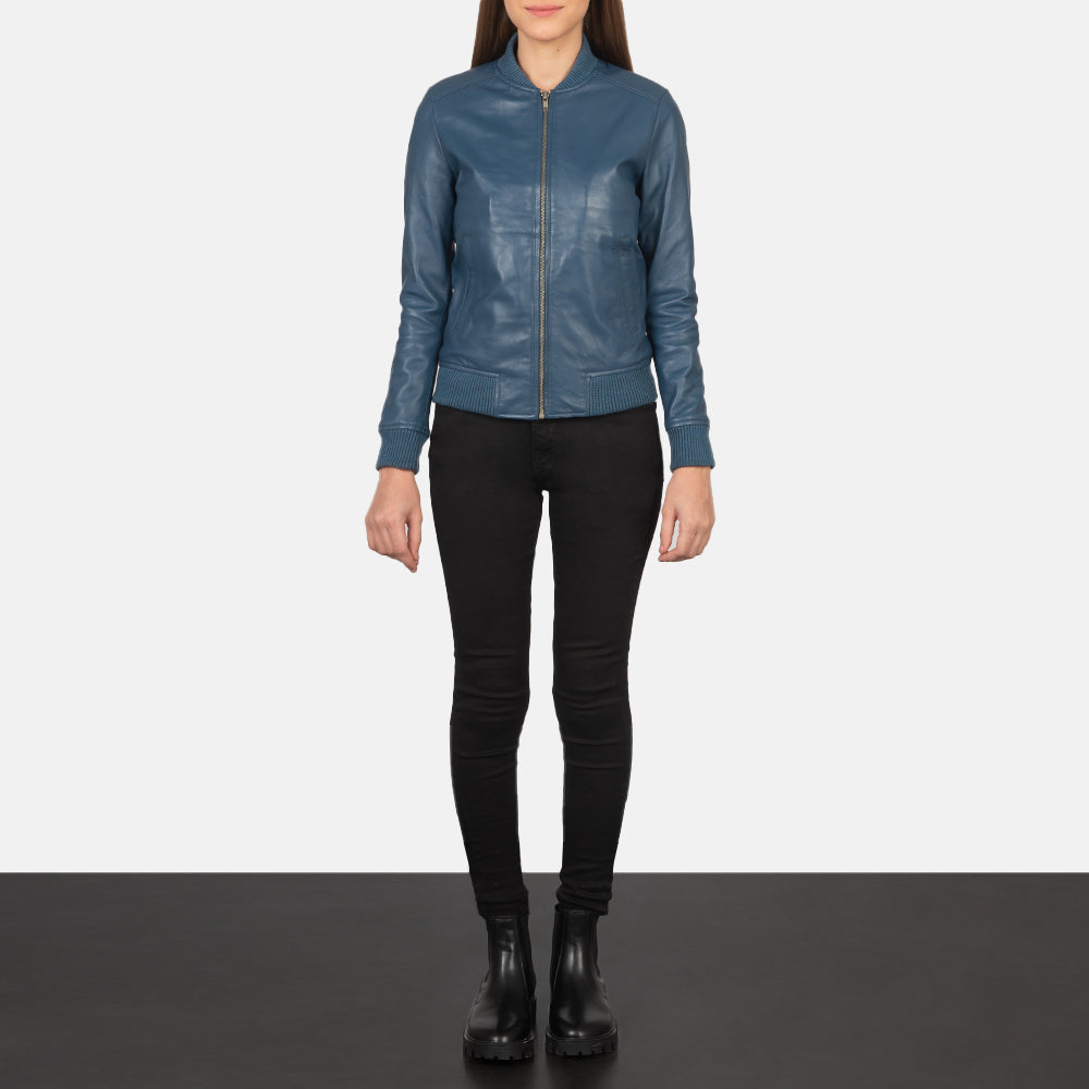 Bliss Blue Leather Bomber Jacket SH631