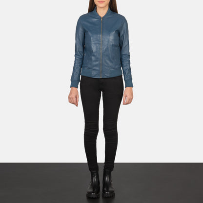 Bliss Blue Leather Bomber Jacket SH631