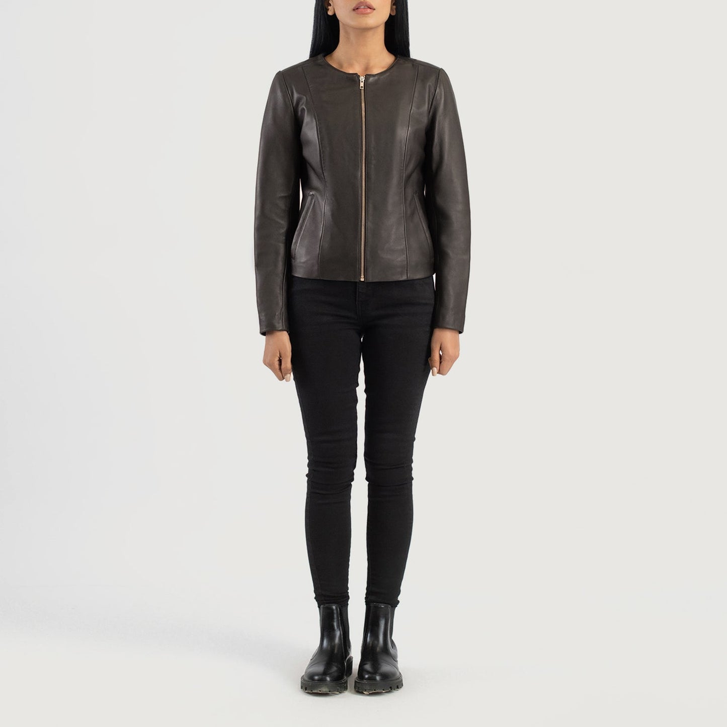 Elixir Brown Collarless Leather Jacket SH612