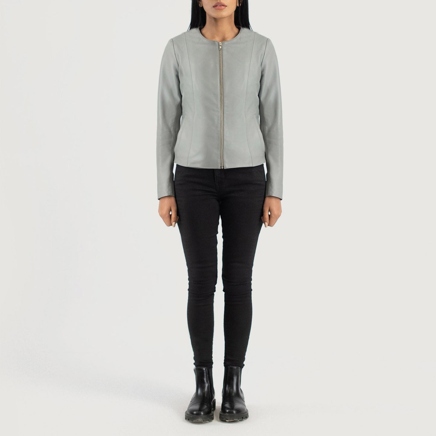 Elixir Grey Collarless Leather Jacket SH611