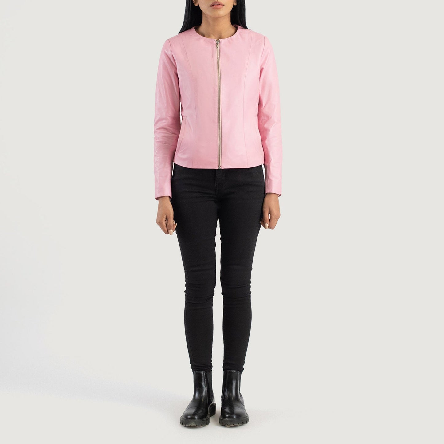 Elixir Pink Collarless Leather Jacket SH610