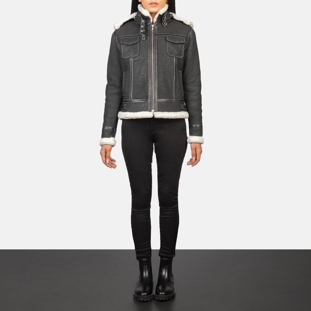 Fiona Black Hooded Shearling Leather Jacket SH607
