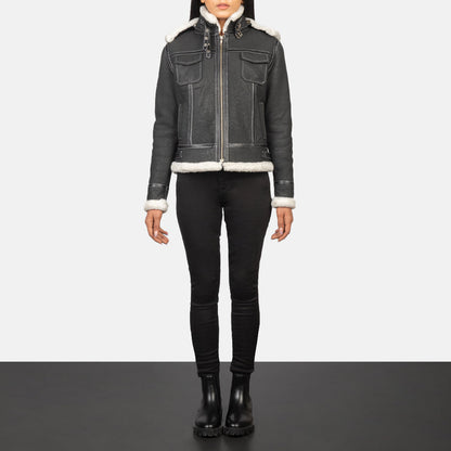 Fiona Black Hooded Shearling Leather Jacket SH607