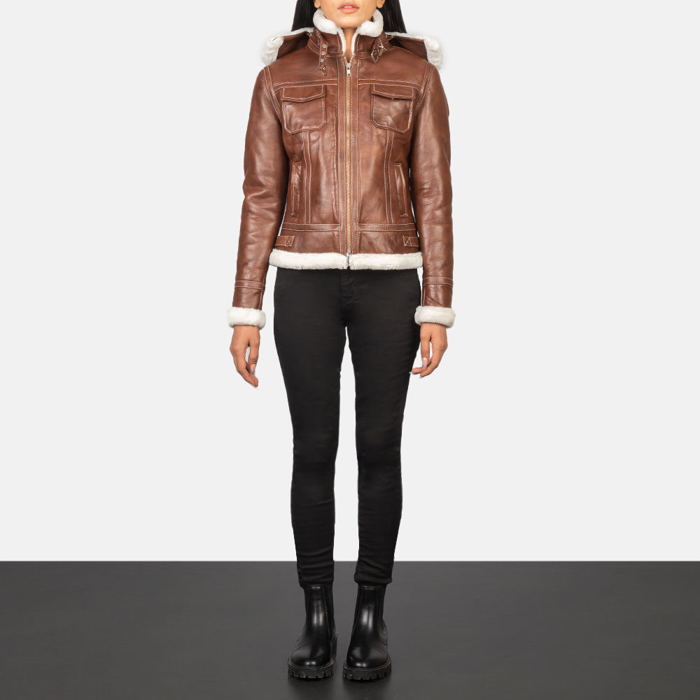 Fiona Brown Hooded Shearling Leather Jacket SH606