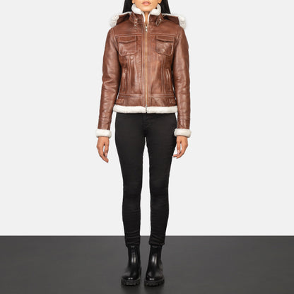 Fiona Brown Hooded Shearling Leather Jacket SH606
