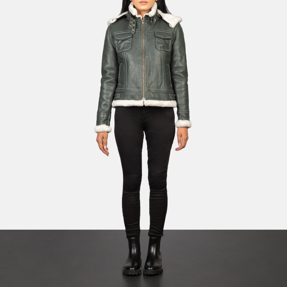 Fiona Green Hooded Shearling Leather Jacket SH605