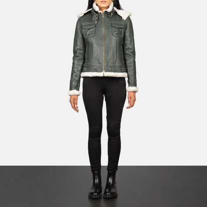 Fiona Green Hooded Shearling Leather Jacket SH605