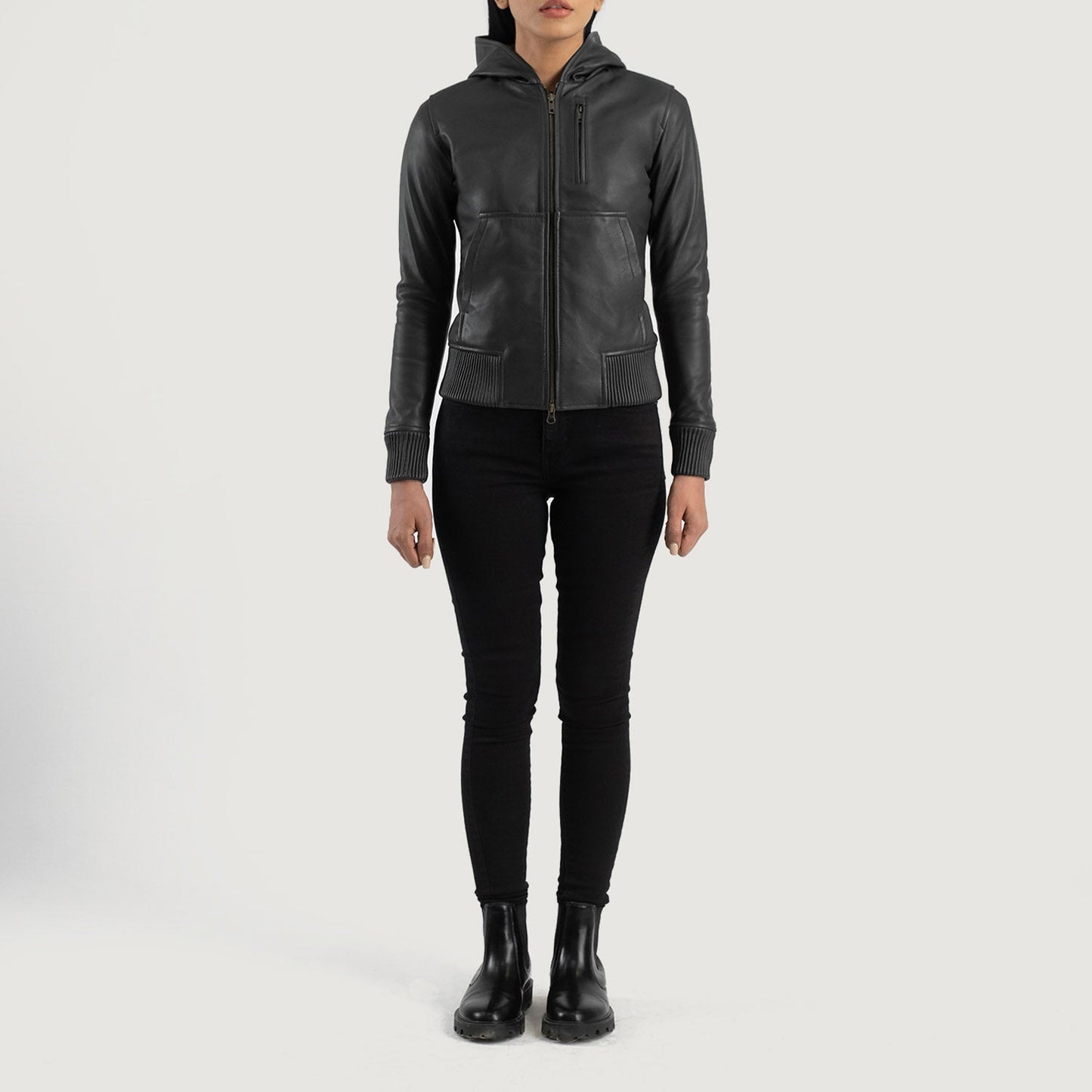 Luna Black Hooded Leather Bomber Jacket SH586