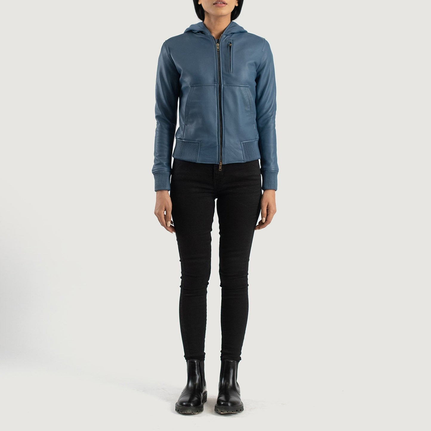 Luna Blue Hooded Leather Bomber Jacket SH585