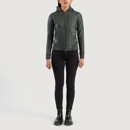 Luna Green Hooded Leather Bomber Jacket SH584
