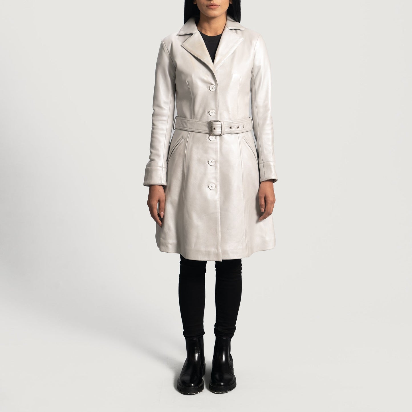 Moonlight Silver Leather Trench Coat SH578