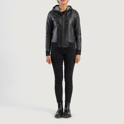 Rebella Black Hooded Leather Bomber Jacket SH568