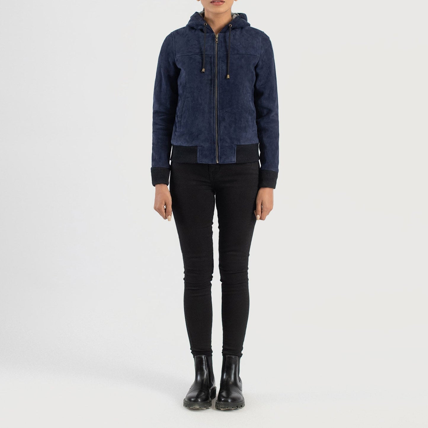 Rebella Blue Hooded Suede Bomber Jacket SH566