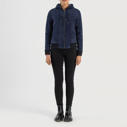 Rebella Blue Hooded Suede Bomber Jacket SH566