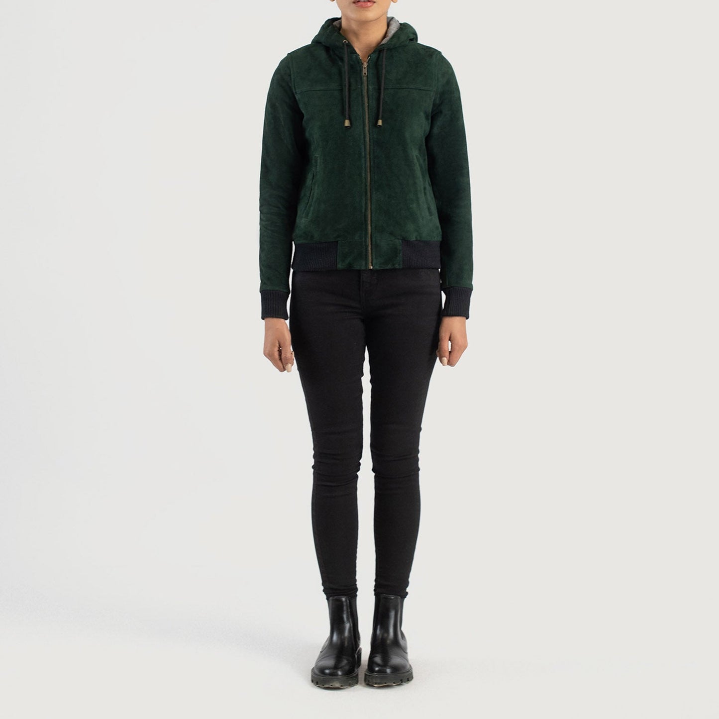 Rebella Green Hooded Suede Bomber Jacket SH564