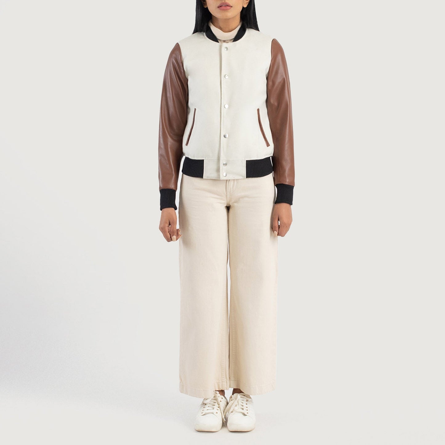 Savant White & Brown Hybrid Varsity Jacket SH539