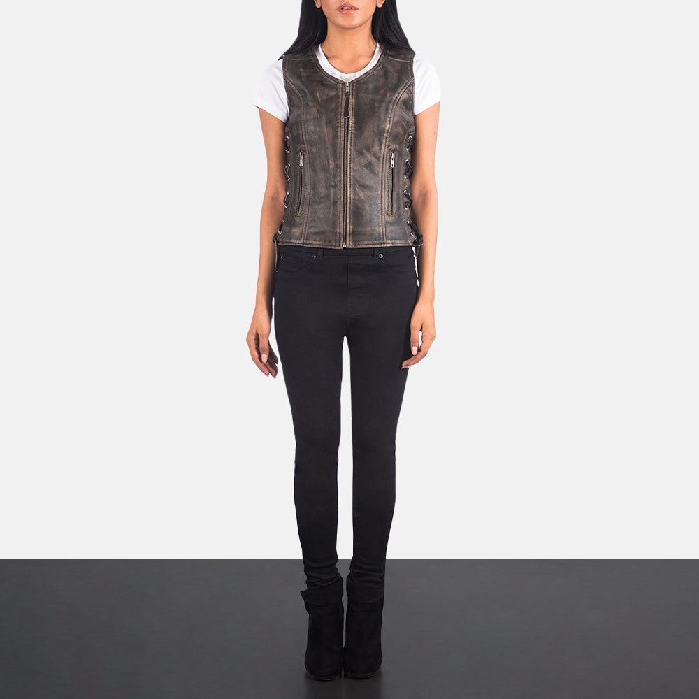 Vanda Distressed Brown Leather Biker Vest SH519
