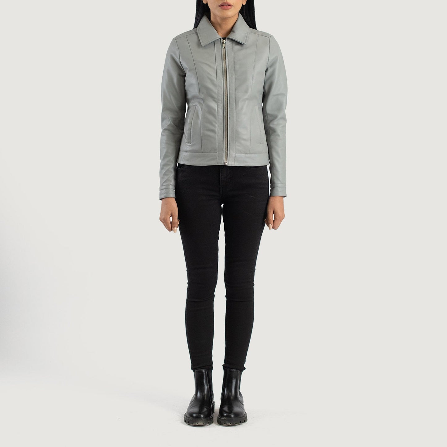Vixen Grey Classic Collar Leather Jacket SH516