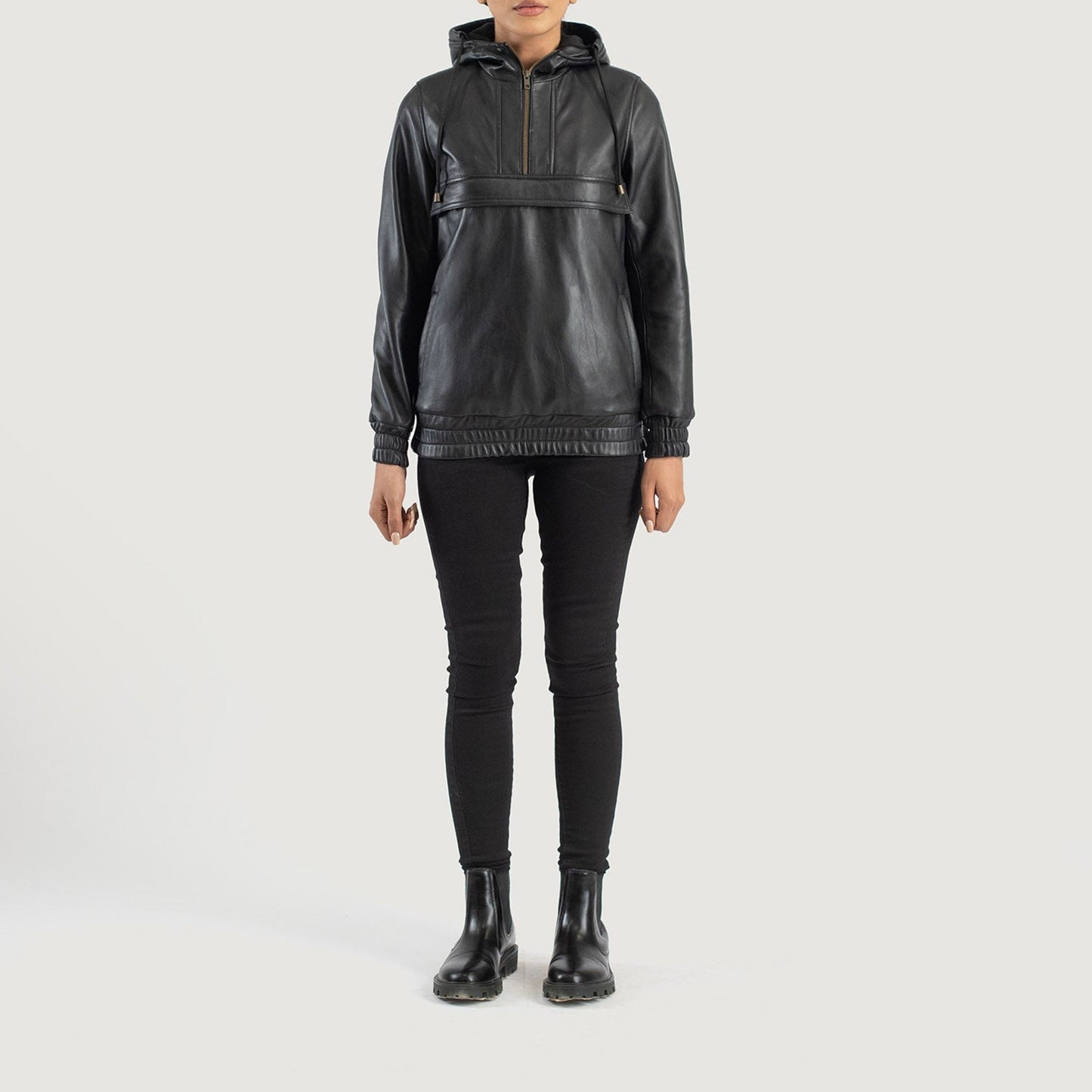Zest Black Hooded Leather Pullover Jacket SH503