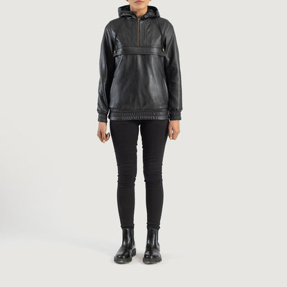 Zest Black Hooded Leather Pullover Jacket SH503