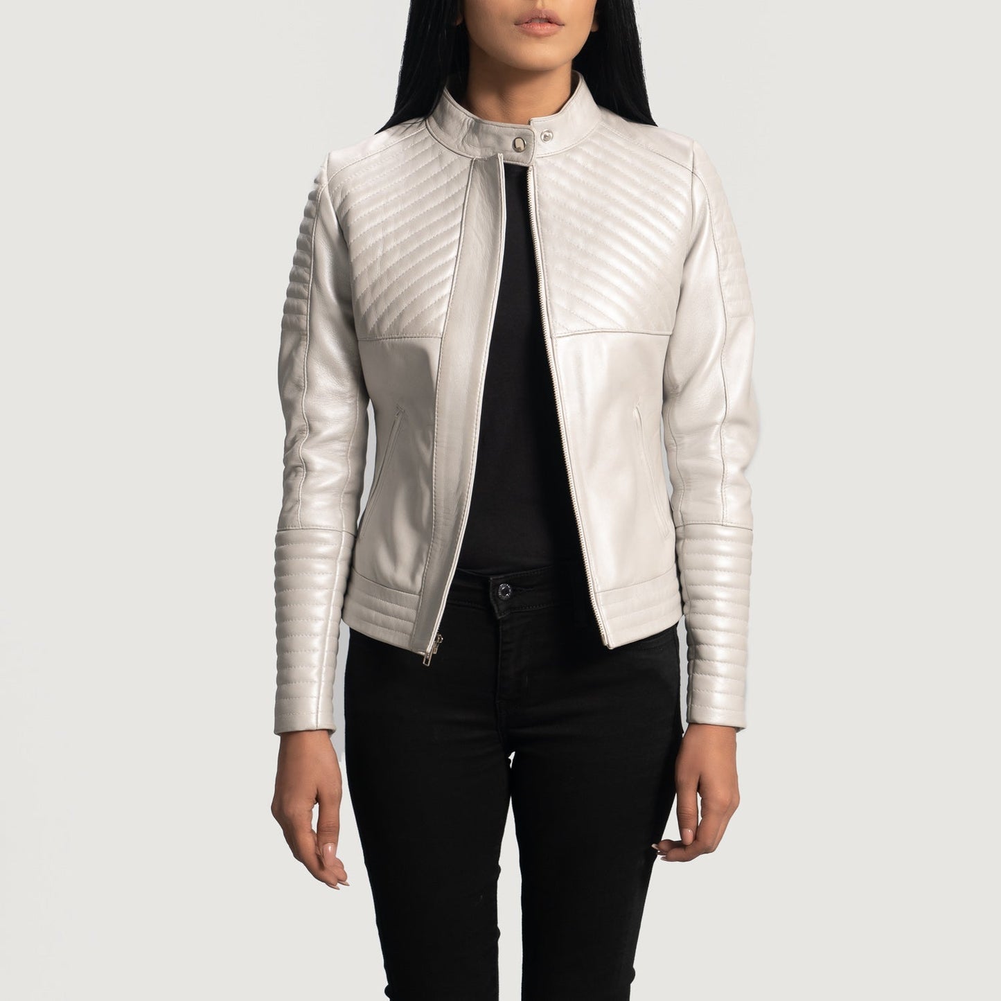 Ice Maiden Silver Quilted Leather Biker Jacket SH596