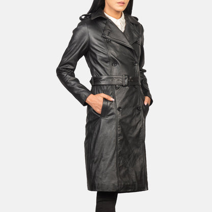 Alice Black Double Breasted Leather Coat SH646