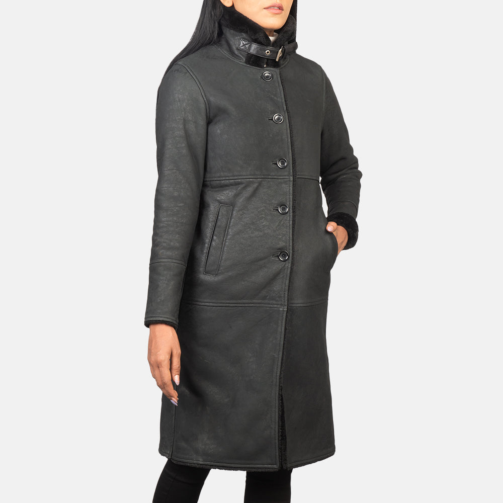 Alina Shearling Black Leather Coat SH644