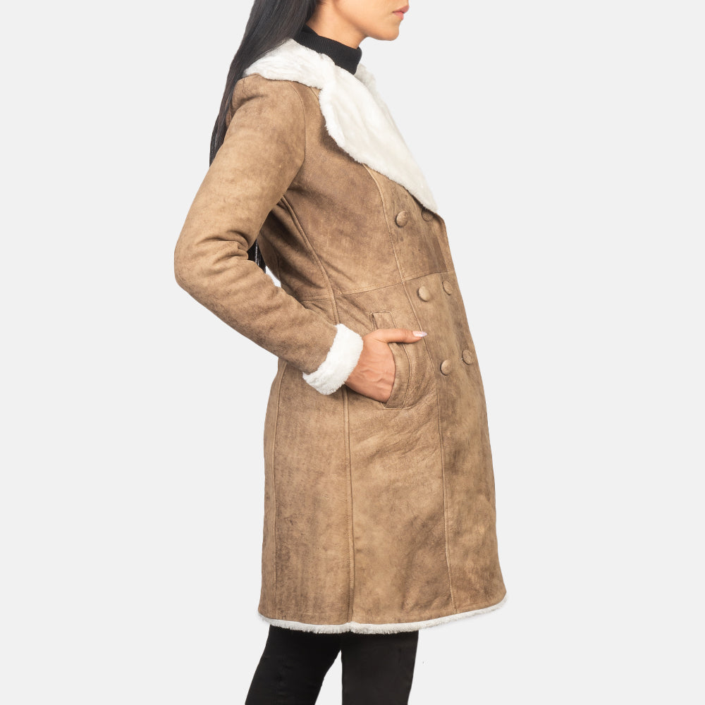 Amie Distressed Brown Double Breasted Shearling Coat SH636