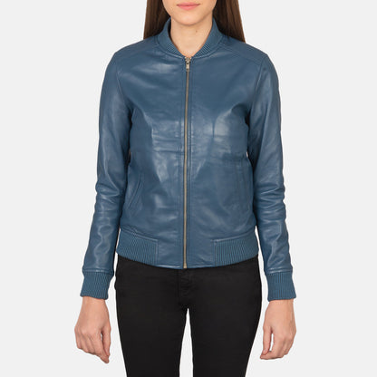 Bliss Blue Leather Bomber Jacket SH631
