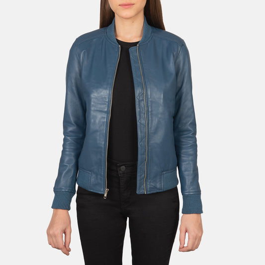 Women's Blue Cowhide Leather Bomber Jacket – Bliss Style