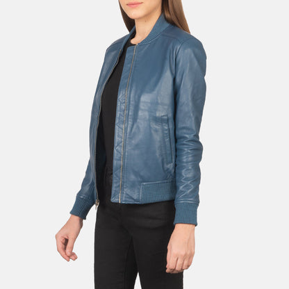 Bliss Blue Leather Bomber Jacket SH631