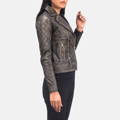 Carolyn Quilted Distressed Brown Biker Jacket SH626
