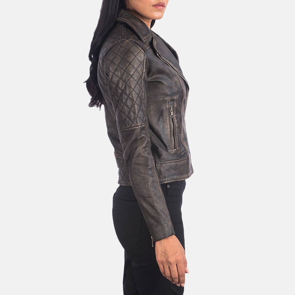 Carolyn Quilted Distressed Brown Biker Jacket SH626