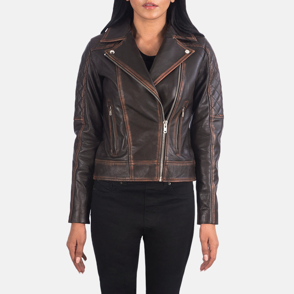 Carolyn Quilted Vintage Brown Biker Jacket SH625