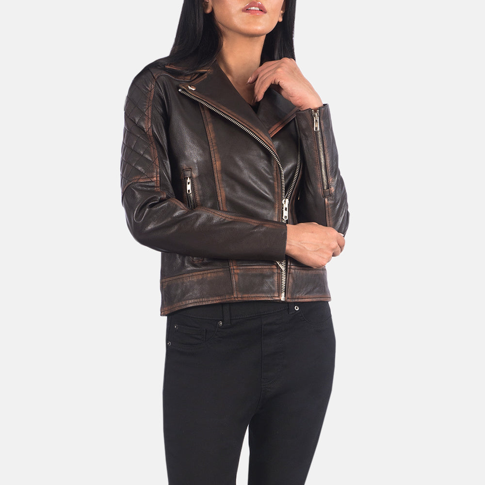 Carolyn Quilted Vintage Brown Biker Jacket SH625