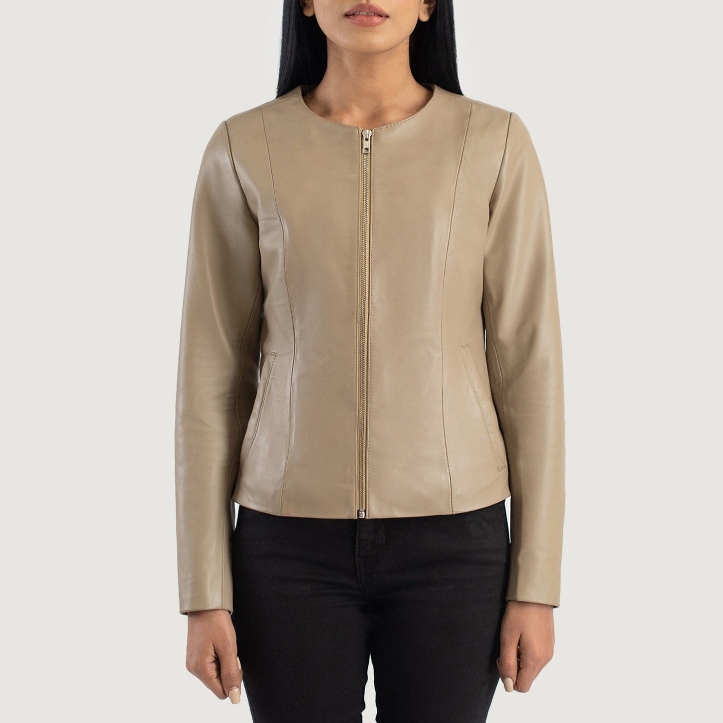 Elixir Beige Collarless Leather Jacket SH614