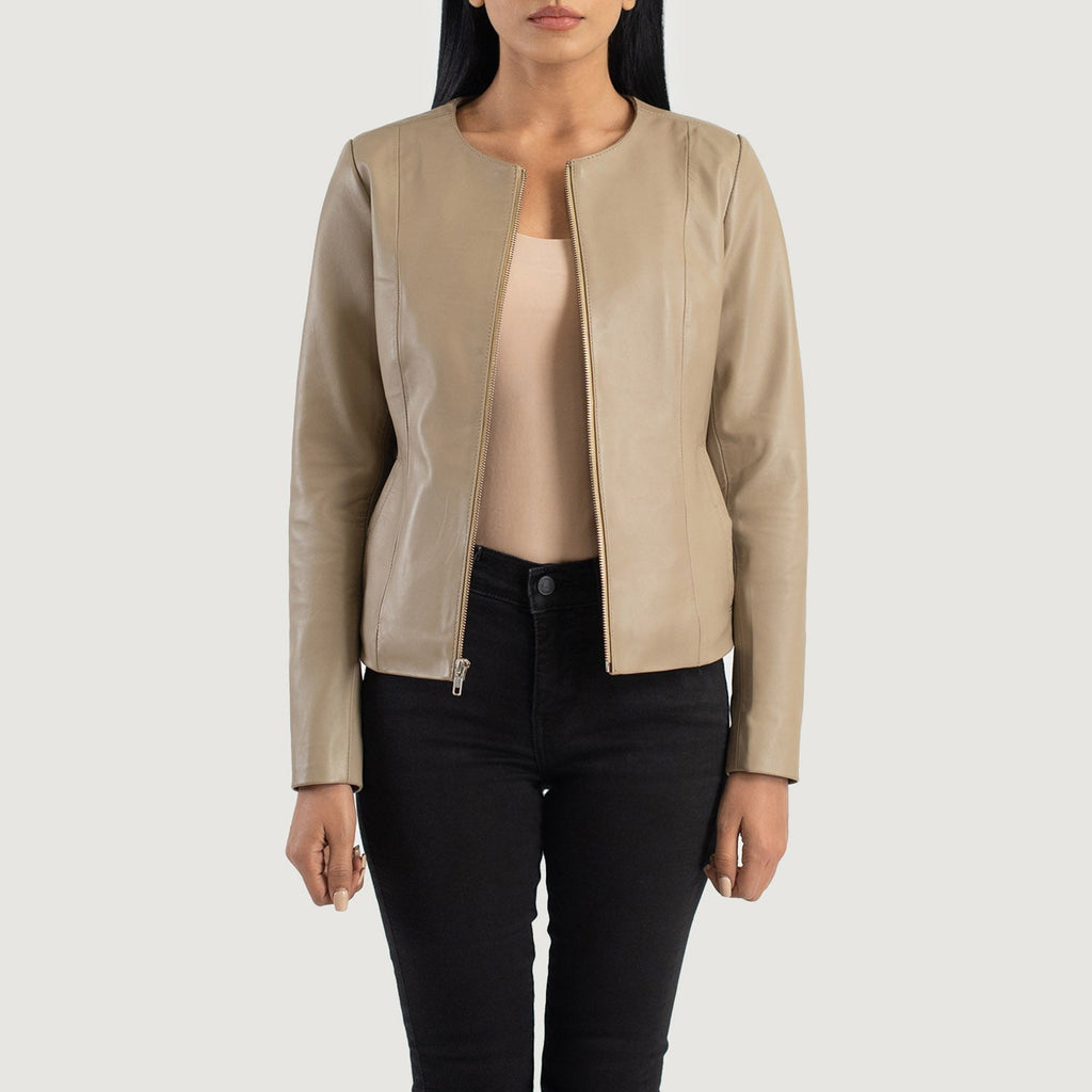 Elixir Beige Collarless Leather Jacket SH614