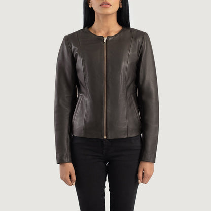 Elixir Brown Collarless Leather Jacket SH612