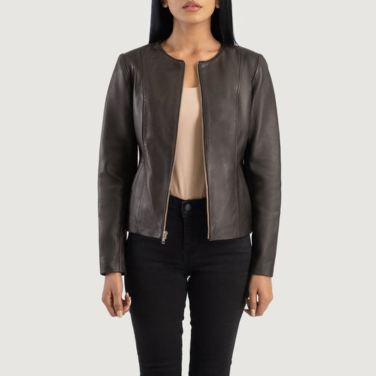 Elixir Brown Collarless Leather Jacket SH612