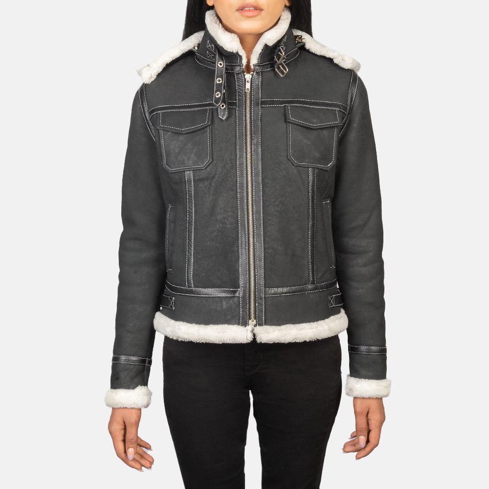 Fiona Black Hooded Shearling Leather Jacket SH607