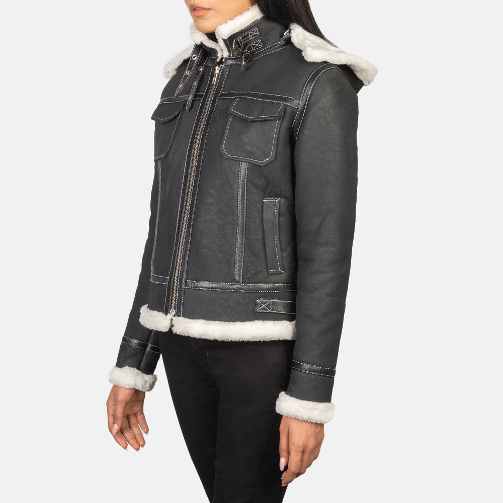 Fiona Black Hooded Shearling Leather Jacket SH607