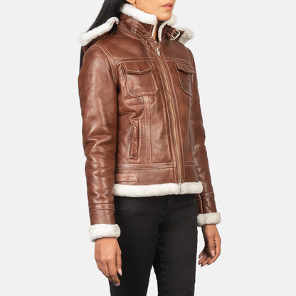 Fiona Brown Hooded Shearling Leather Jacket SH606