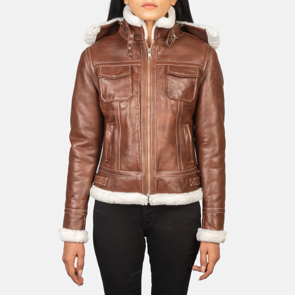 Fiona Brown Hooded Shearling Leather Jacket SH606