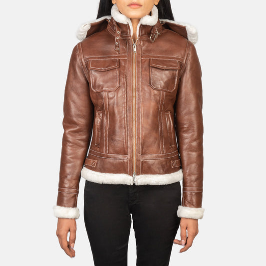 Fiona Brown Hooded Shearling Leather Jacket SH606