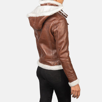 Fiona Brown Hooded Shearling Leather Jacket SH606