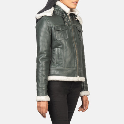 Fiona Green Hooded Shearling Leather Jacket SH605